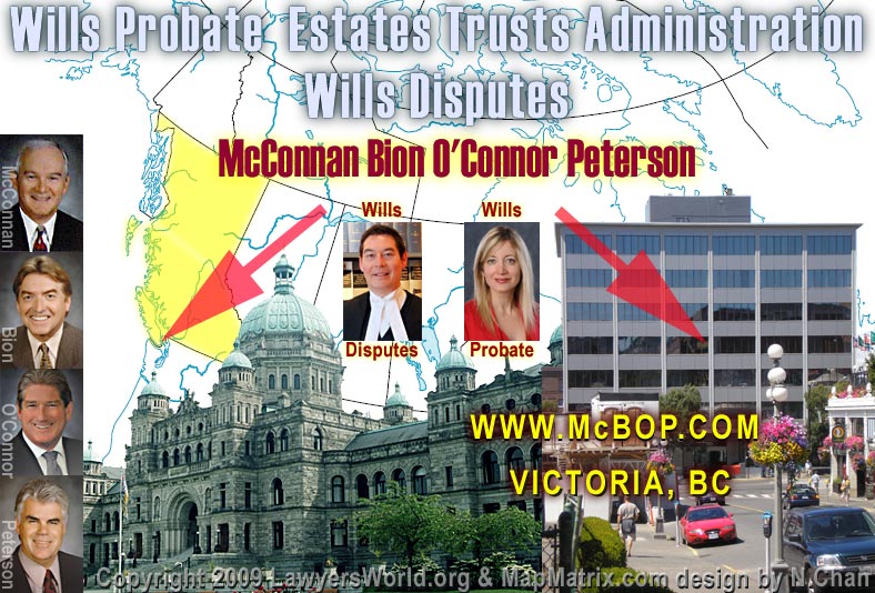 Probate lawyers in Victoria BC, on map of BC and Canada with photo of BC Legislature Building in Victoria in background as well as   lawyers experienced in Wills, Probate,estate administration, wills disputes, incapacity planning - CLICK TO LAWYER PROFILES
